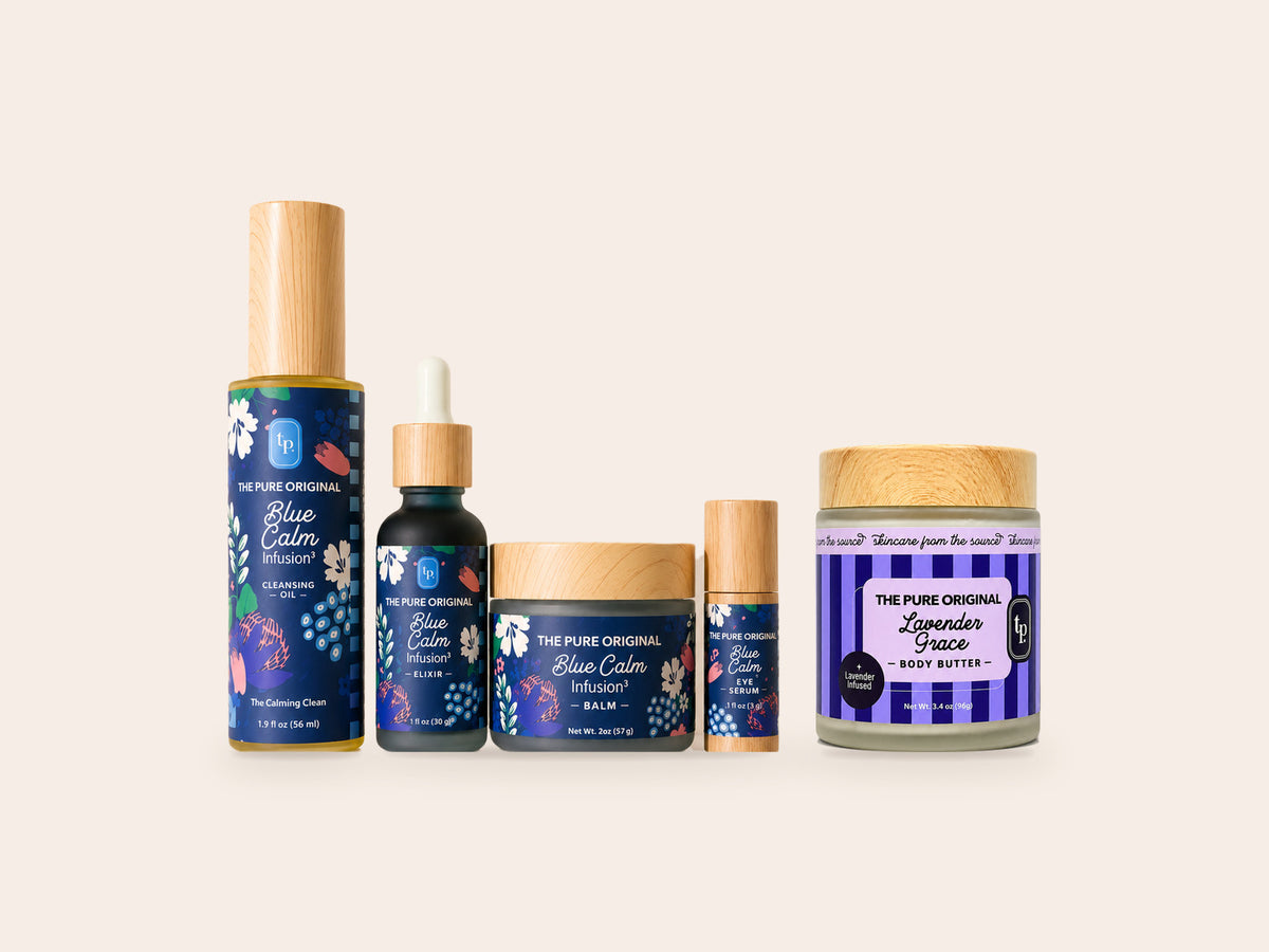 Blue Calm Collection beside a jar of Lavender Grace body butter