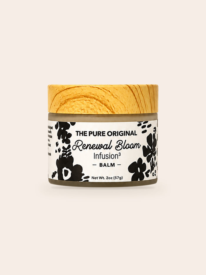 Renewal Bloom Balm: frosted glass jar, wood-grain lid, white label with black flowers, 2 oz