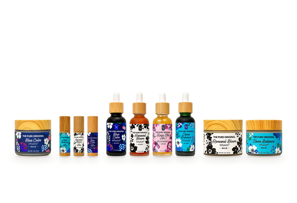 The face line: Blue Calm Balm, three eye serums, four elixirs, Renewal Bloom Balm and Clear Balance Balm