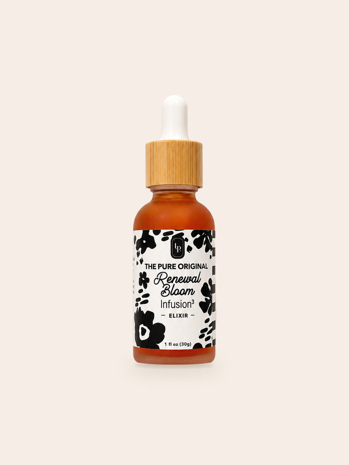 Renewal Bloom Elixir: amber-toned dropper bottle, bamboo collar, white label with black flowers