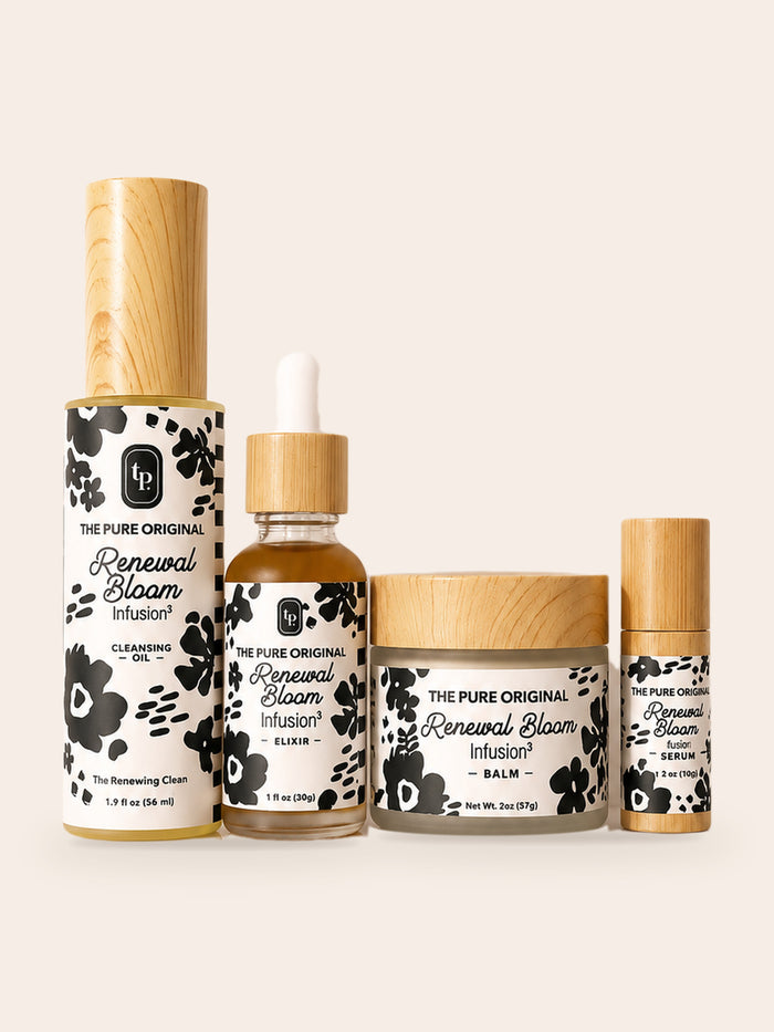 Renewal Bloom Collection: cleansing oil, elixir, balm jar and eye serum, black-and-white labels