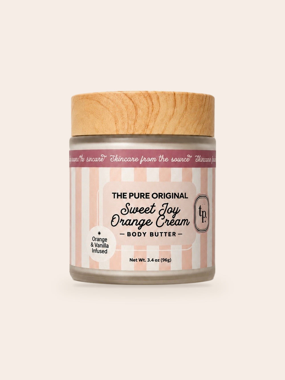Sweet Joy Orange Cream body butter: frosted jar, wood-grain lid, blush pink and white striped label