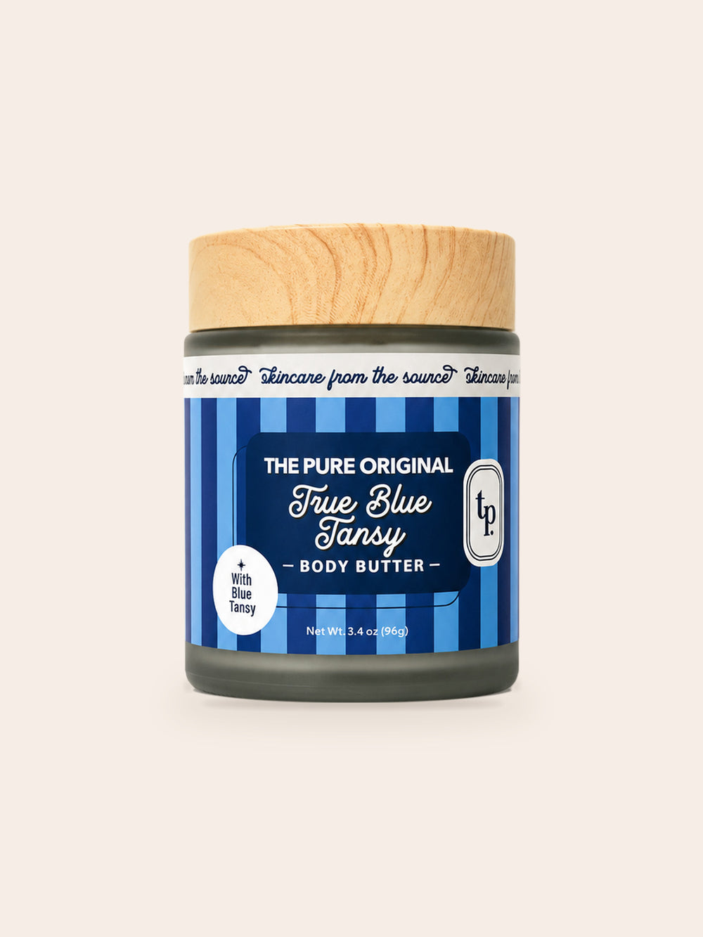 True Blue Tansy body butter: frosted jar, wood-grain lid, royal and light blue striped label