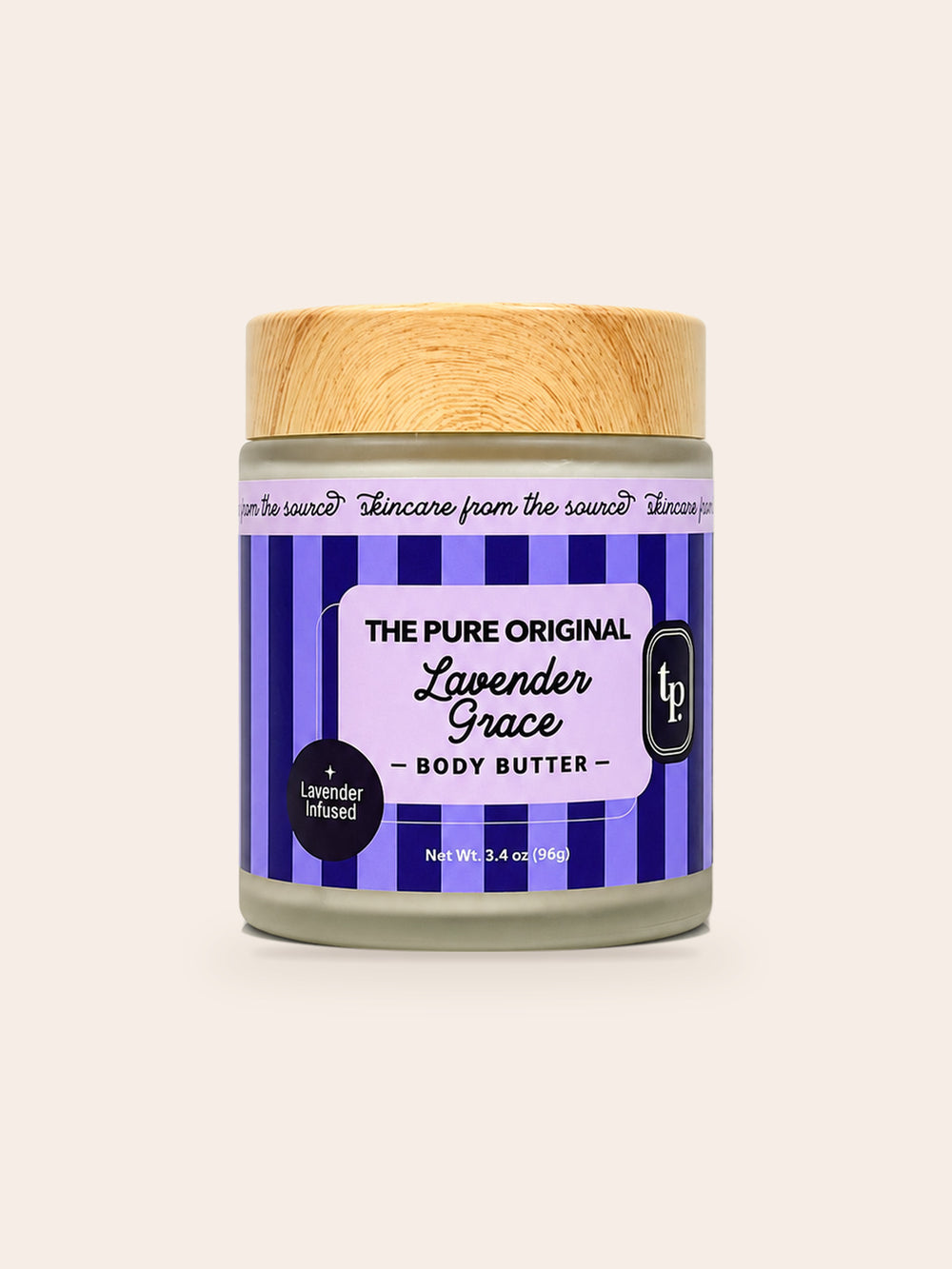 Lavender Grace body butter: frosted jar, wood-grain lid, purple and violet striped label