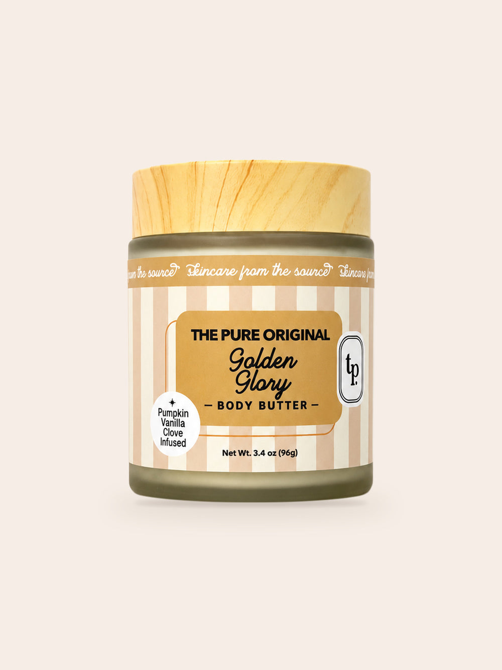 Golden Glory body butter: frosted jar, wood-grain lid, tan and cream striped label, gold panel