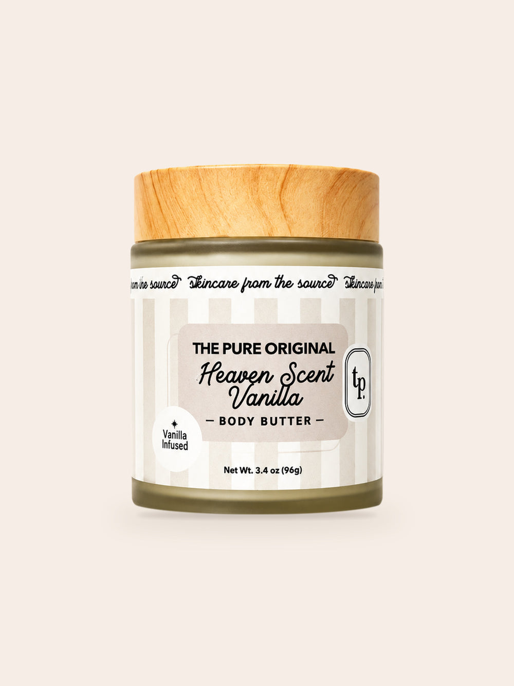Heaven Scent Vanilla body butter: frosted jar, wood-grain lid, grey and white striped label